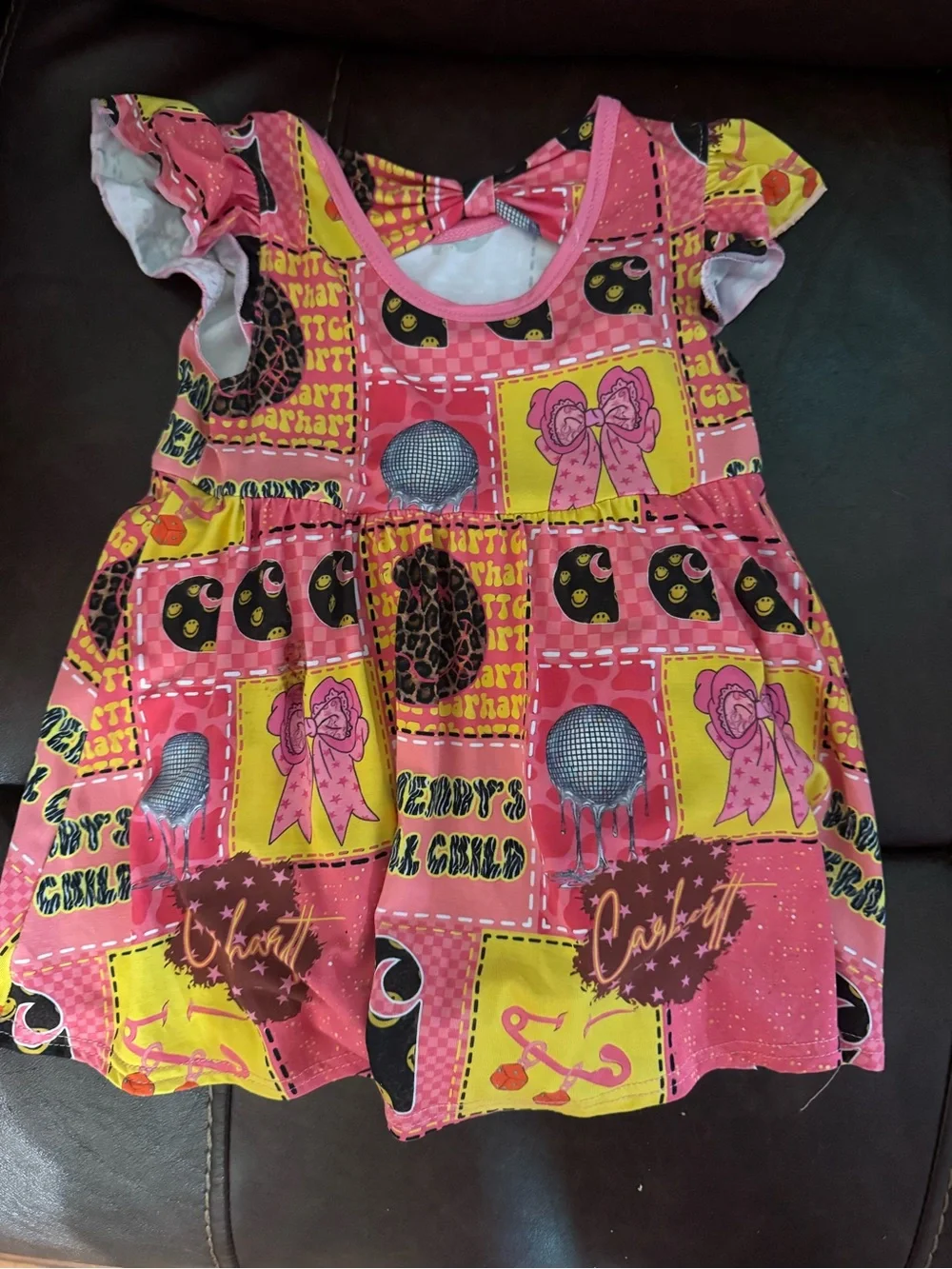 Kids Pink and Yellow Printed Flutter Sleeve Dress bamboo